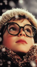 Child with round glasses watches gentle snowfall at night.