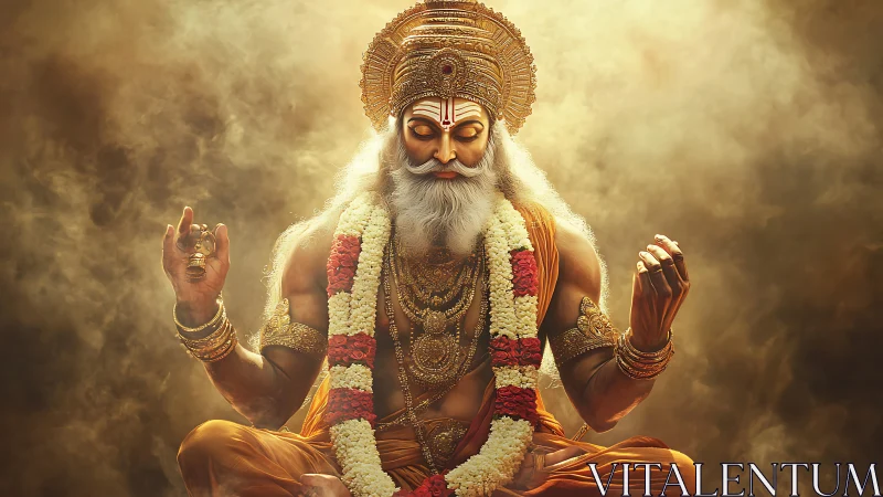 Divine sage in golden meditation with ornate garlands.