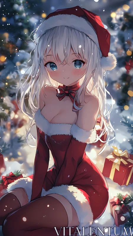 Anime Christmas girl posed in festive snow with bokeh lighting