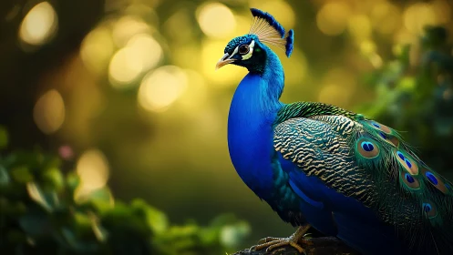 Vibrant peacock in sunlight, detailed nature photography style.