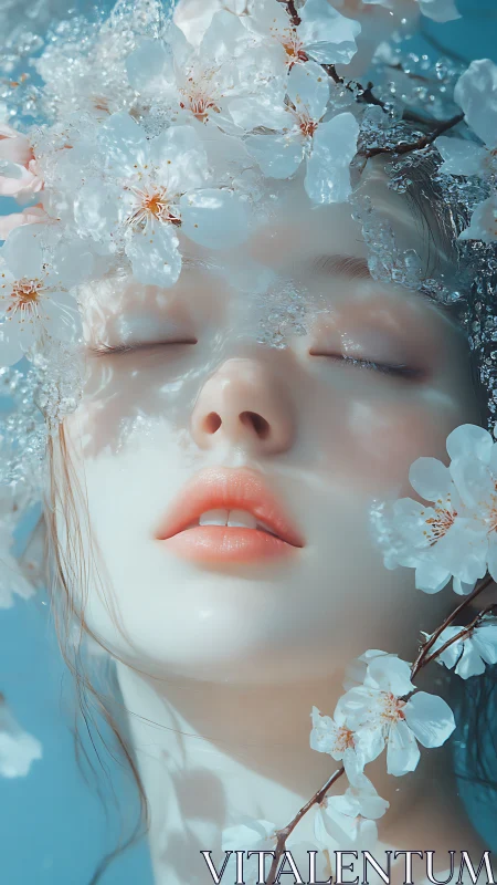 Closed-eyed female face framed by white blossoms and ice