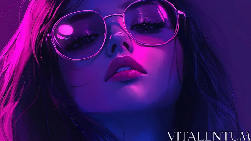 Neon-lit digital portrait of woman in reflective glasses.