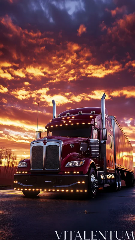 Aerodynamic red semi truck with LED lighting under dramatic sunset