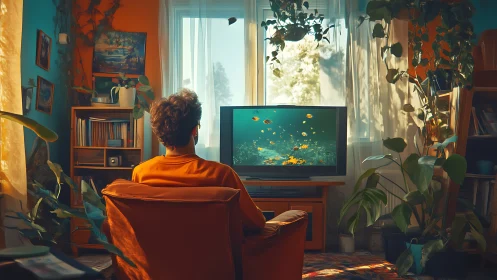 Cozy plant-filled living room frames man watching aquarium TV.