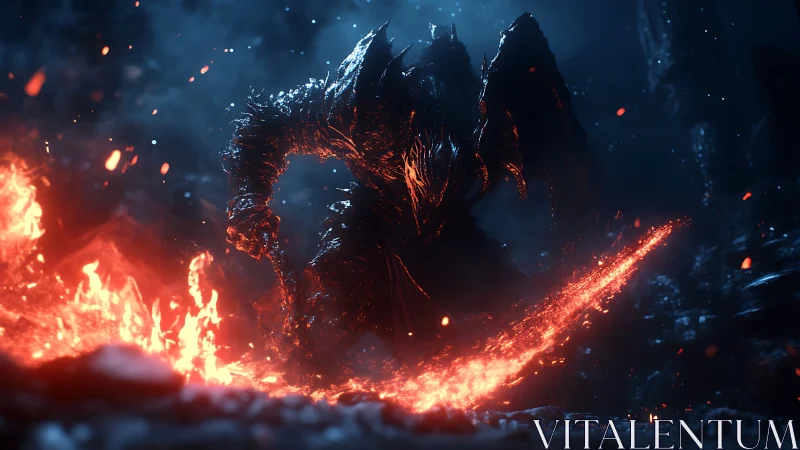 Infernal armored demon advancing through molten firestorm.