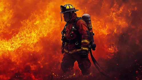 Firefighter carrying equipment through intense flames