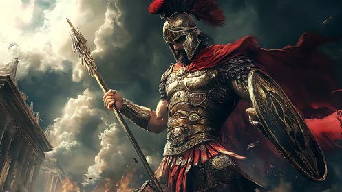 Roman warrior in ornate armor dominating stormy battlefield.