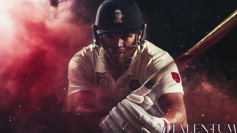 Cricket batsman in dynamic swing amid dramatic red smoke.