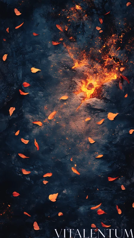 Molten Core Eruption. Fiery debris suspended against darkened earth.