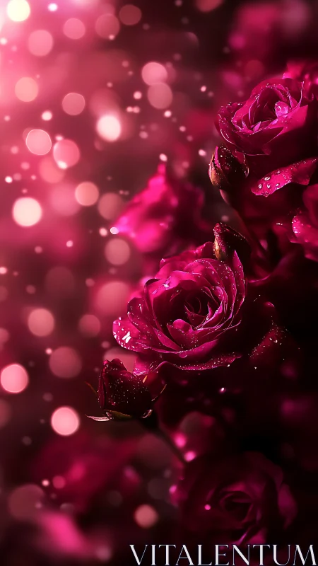 Magenta Roses Glistening with Bokeh Lighting.