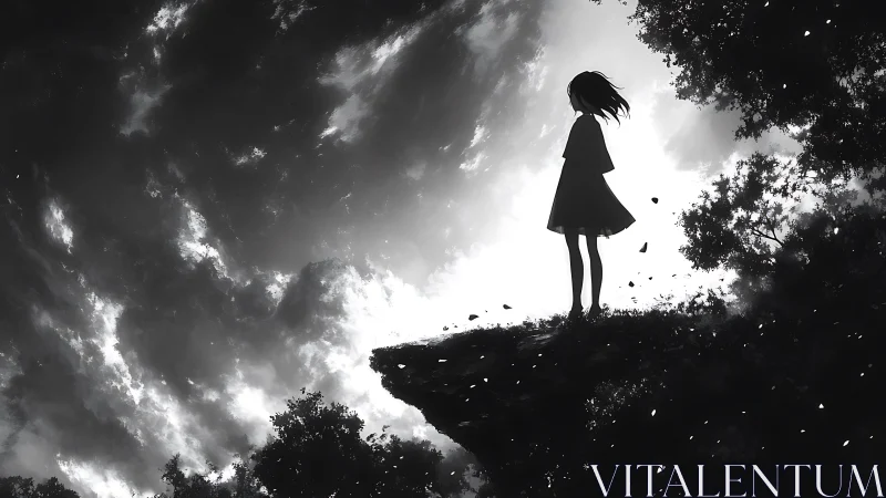 Silhouetted girl on cliff edge contrasts against turbulent sky
