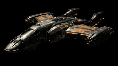 Futuristic spacecraft model is rendered against black background