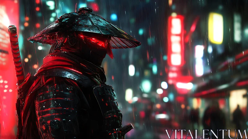 Neon samurai sentinel walking through a rain-soaked city night.