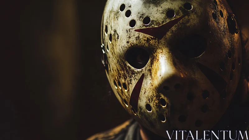 Weathered hockey mask in ominous cinematic close-up.