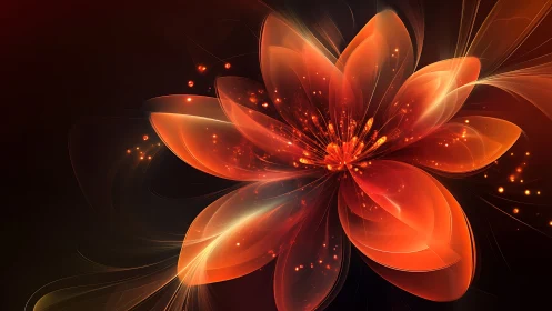 Digital orange abstract flower structure on dark background