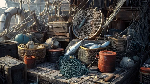 Weathered fishing boat deck alive with nets, ropes, and catch.