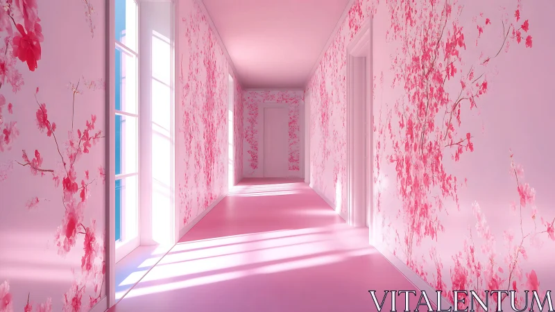 Sunlit pink hallway wrapped in soft blooming florals.