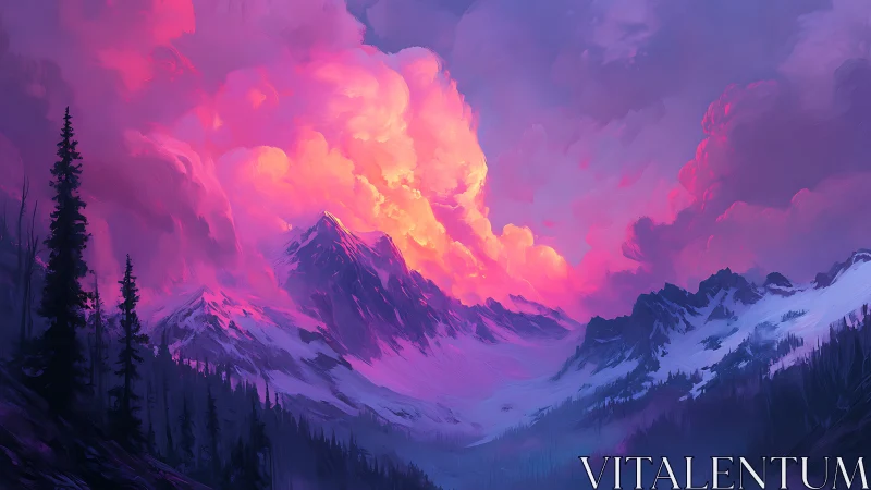 Snow-covered mountain range sits beneath dense pink clouds