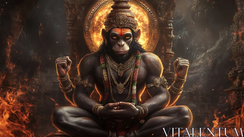Divine monkey warrior in fiery temple meditation pose.