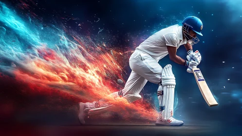 Blazing cricket batter carving cosmic trails of fire and ice.
