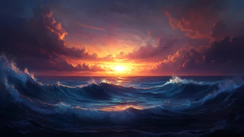 Storm-lit ocean waves under blazing cinematic sunset sky.