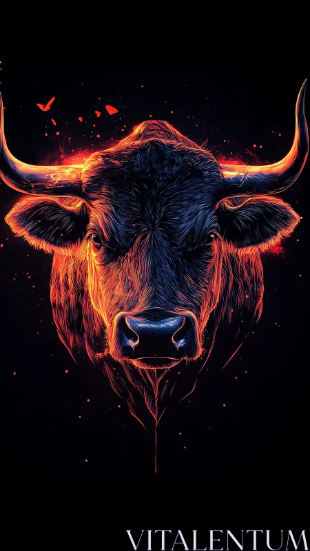 Fiery neon bull head glows against deep black void background.
