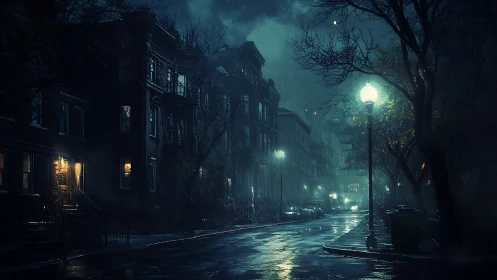 Rain-soaked city street glows under lonely lamplight at night.