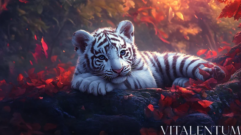 White tiger cub reclining amid luminous autumn foliage.