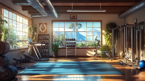 Sunlit home gym interior with mountain view windows.