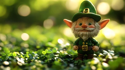 Cheerful leprechaun figurine stands amid glowing clovers.