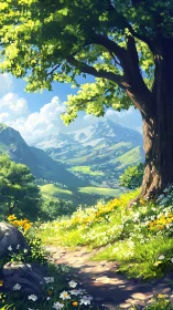 Mountain valley landscape viewed from shaded forest path.