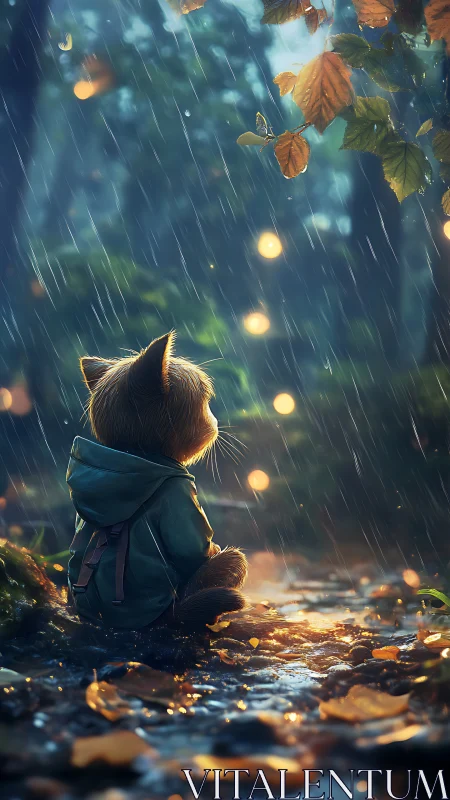 Rain-soaked forest vignette with contemplative cat traveler.