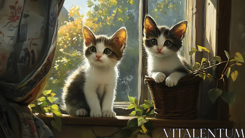 Two calico kittens perched on windowsill, backlit by golden foliage.