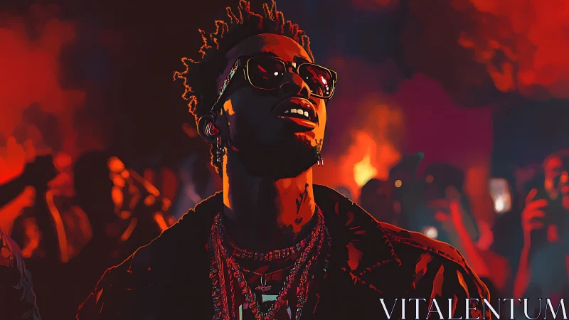 Neon lit performer in stylized concert crowd portrait.