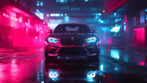 Neon rainstorm crowns a sleek sports car in electric twilight.