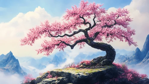Twisted pink blossom tree standing on rocky mountain ledge.