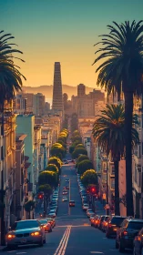 Telephoto urban axis compresses San Francisco hillscape at sunset