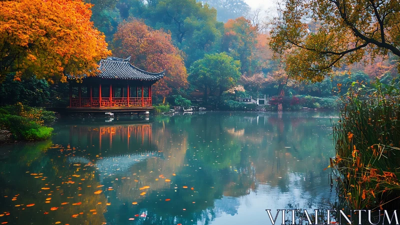 Serene lakeside pavilion in lush autumn garden setting.