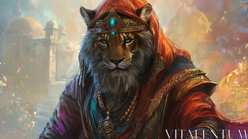 A Noble Lion Leader Adorned in Regal Fantasy Garments