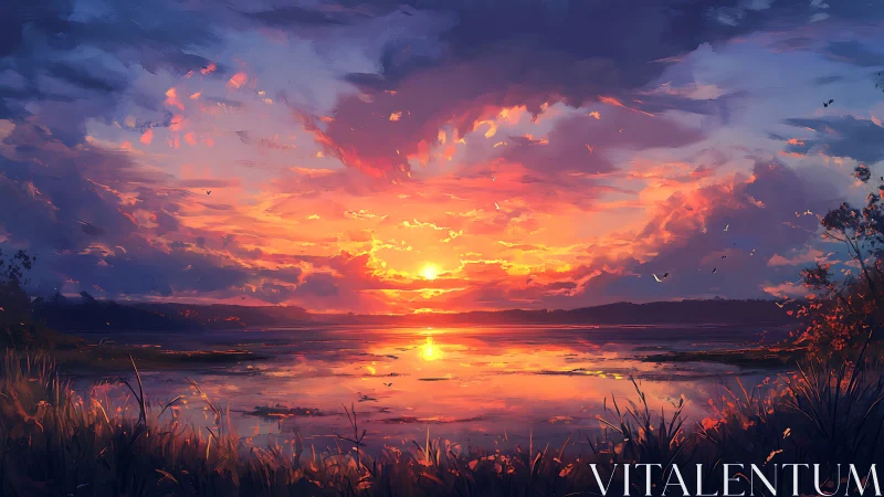 Luminous lake horizon at sunset with dramatic cloud strata