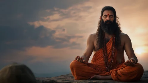 Bearded monk in orange robes meditating at sunset outdoors.