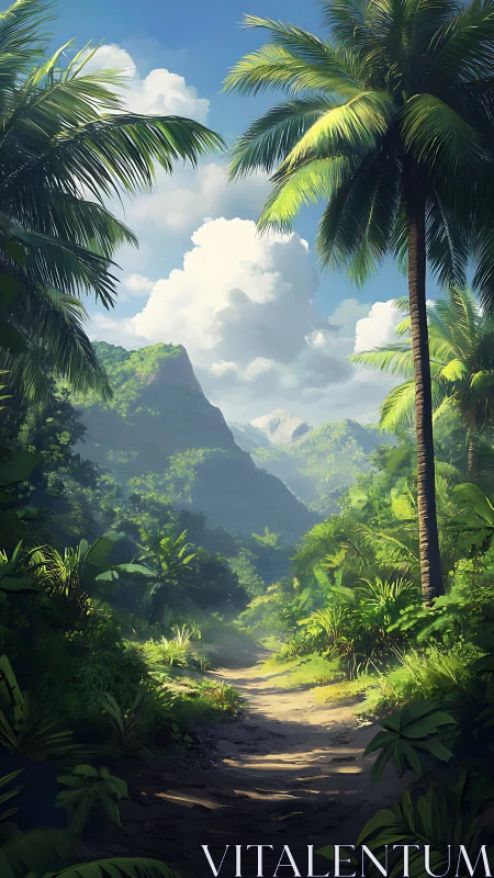 Sunlit jungle path welcomes a peaceful mountain escape