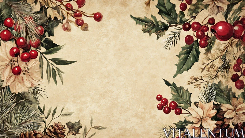 Festive holly garlands frame a warm vintage canvas