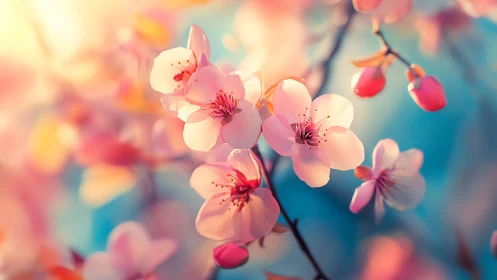 Soft-focus backlit cherry blossoms displaying translucent petals with depth-of-field bokeh