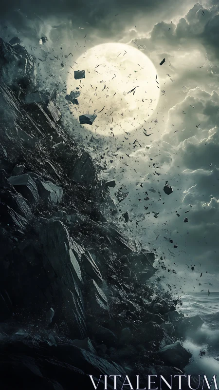 Moonlit cliffside shatters into stormlit celestial debris.