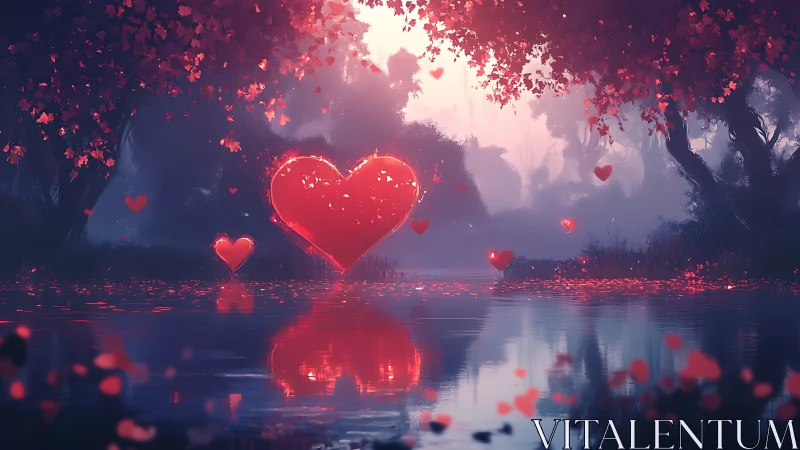 Glowing Hearts in Misty Forest Landscape.
