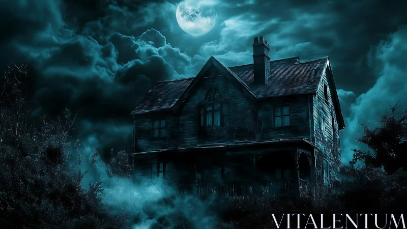 Old wooden house in moonlit fog under dense storm clouds.