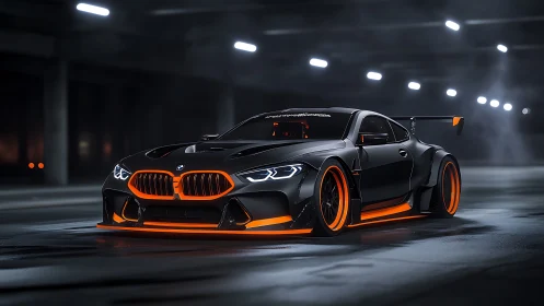 Track-tuned BMW coupe glows with neon orange accents at night.