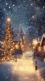 Snowlit village street renders an illuminated festive perspective