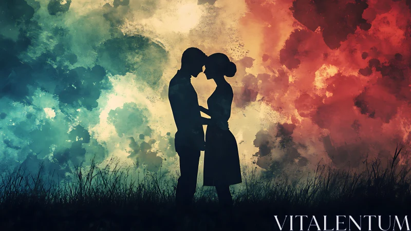 Silhouetted couple embracing against turbulent chromatic gradient atmosphere